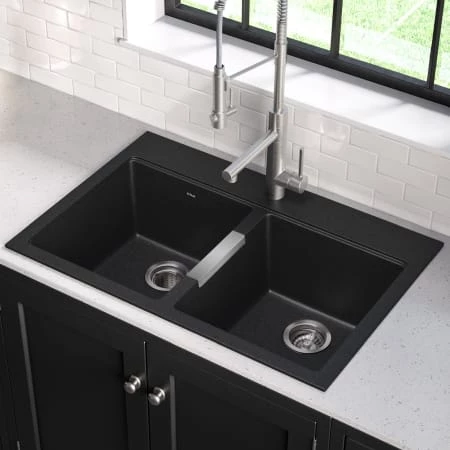 Kraus 33" Double Basin Dual Mount (Drop In or Undermount) Granite Composite Kitchen Sink with 50/50 Split 4 Kraus 33" Double Basin Dual Mount (Drop In or Undermount) Granite Composite Kitchen Sink with 50/50 Split - Image 2