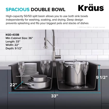 Kraus 33" Double Basin Dual Mount (Drop In or Undermount) Granite Composite Kitchen Sink with 50/50 Split 7 Kraus 33" Double Basin Dual Mount (Drop In or Undermount) Granite Composite Kitchen Sink with 50/50 Split - Image 5