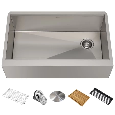 Kraus Kore 32-7/8" Farmhouse Single Basin Stainless Steel Kitchen Sink with Basin Rack, Basket Strainer, Cutting Board, and Drain Board 3 Kraus Kore 32-7/8" Farmhouse Single Basin Stainless Steel Kitchen Sink with Basin Rack, Basket Strainer, Cutting Board, and Drain Board