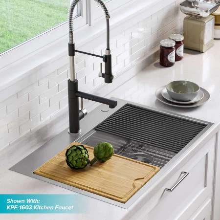 Kraus Kore 30" Drop In or Undermount Single Basin Stainless Steel Kitchen Sink with Strainer, Basin Rack, Cutting Board, Drain Cap, and Rolling Mat 5 Kraus Kore 30" Drop In or Undermount Single Basin Stainless Steel Kitchen Sink with Strainer, Basin Rack, Cutting Board, Drain Cap, and Rolling Mat - Image 3