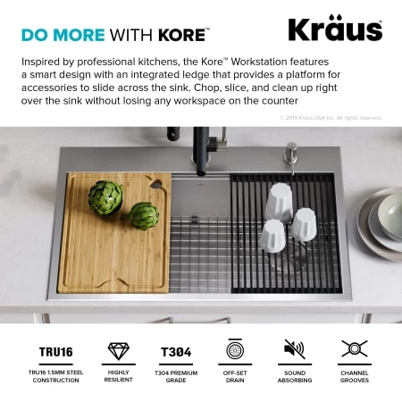 Kraus Kore 30" Drop In or Undermount Single Basin Stainless Steel Kitchen Sink with Strainer, Basin Rack, Cutting Board, Drain Cap, and Rolling Mat 6 Kraus Kore 30" Drop In or Undermount Single Basin Stainless Steel Kitchen Sink with Strainer, Basin Rack, Cutting Board, Drain Cap, and Rolling Mat - Image 4