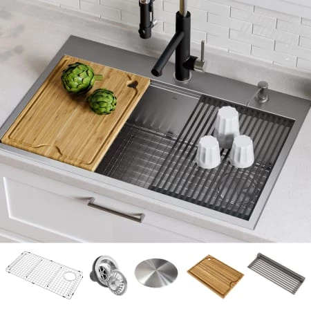 Kraus Kore 30" Drop In or Undermount Single Basin Stainless Steel Kitchen Sink with Strainer, Basin Rack, Cutting Board, Drain Cap, and Rolling Mat 4 Kraus Kore 30" Drop In or Undermount Single Basin Stainless Steel Kitchen Sink with Strainer, Basin Rack, Cutting Board, Drain Cap, and Rolling Mat - Image 2