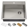 Kraus Kore 25" Drop In or Undermount Single Basin Stainless Steel Kitchen Sink with Strainer, Basin Rack, Cutting Board, Drain Cap, and Rolling Mat -Kraus Sales Shop KWT311 25 Main Image Alt