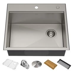 Kraus Kore 25" Drop In or Undermount Single Basin Stainless Steel Kitchen Sink with Strainer, Basin Rack, Cutting Board, Drain Cap, and Rolling Mat