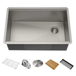 Kraus Kore 27" Undermount Single Basin Stainless Steel Kitchen Sink - Basin Rack, Strainer, Cutting Board, and Drainboard Included