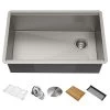 Kraus Kore 32" Undermount Single Basin Stainless Steel Kitchen Sink with Basin Rack, Basket Strainer, Cutting Board, and Drain Board