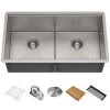 Kraus Kore 33" Undermount Double Basin Stainless Steel Kitchen Sink - Basin Rack, Strainer, Cutting Board, and Drying Mat Included -Kraus Sales Shop KWU112 33 Main Image Alt
