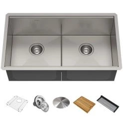 Kraus Kore 33" Undermount Double Basin Stainless Steel Kitchen Sink - Basin Rack, Strainer, Cutting Board, and Drying Mat Included