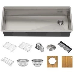 Kraus Kore 2-Tier Workstation 45-inch Undermount 16 Gauge Single Bowl Stainless Steel Kitchen Sink with Integrated 2-Step Ledge and Accessories