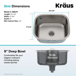 Kraus 20-3/4" Single Basin 16 Gauge Stainless Steel Kitchen Sink for Undermount Installations - Basin Rack and Basket Strainer Included 13 Kraus 20-3/4" Single Basin 16 Gauge Stainless Steel Kitchen Sink for Undermount Installations - Basin Rack and Basket Strainer Included -Kraus Sales Shop kbu11 06