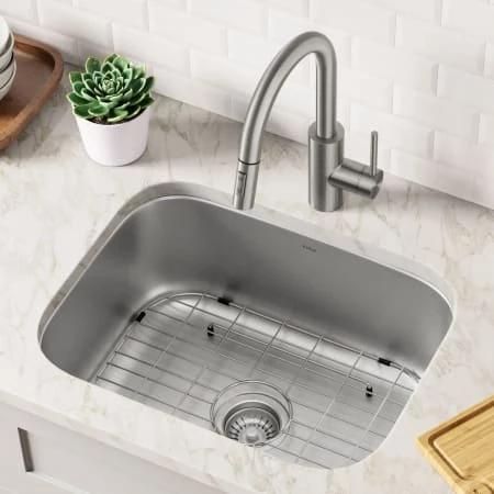 Kraus 23" Single Basin 16 Gauge Stainless Steel Kitchen Sink for Undermount Installations - Basin Rack and Basket Strainer Included 4 Kraus 23" Single Basin 16 Gauge Stainless Steel Kitchen Sink for Undermount Installations - Basin Rack and Basket Strainer Included - Image 2