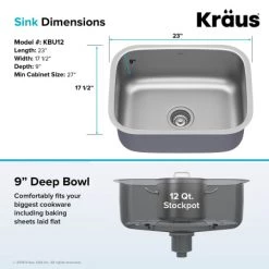 Kraus 23" Single Basin 16 Gauge Stainless Steel Kitchen Sink for Undermount Installations - Basin Rack and Basket Strainer Included 12 Kraus 23" Single Basin 16 Gauge Stainless Steel Kitchen Sink for Undermount Installations - Basin Rack and Basket Strainer Included -Kraus Sales Shop kbu12 alt image 5