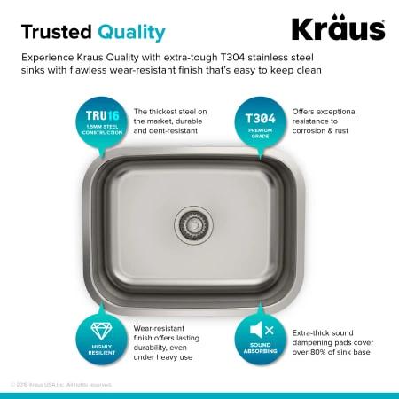 Kraus 23" Single Basin 16 Gauge Stainless Steel Kitchen Sink for Undermount Installations - Basin Rack and Basket Strainer Included 8 Kraus 23" Single Basin 16 Gauge Stainless Steel Kitchen Sink for Undermount Installations - Basin Rack and Basket Strainer Included - Image 6