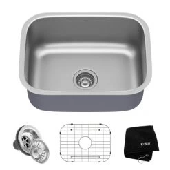 Kraus 23" Single Basin 16 Gauge Stainless Steel Kitchen Sink for Undermount Installations - Basin Rack and Basket Strainer Included