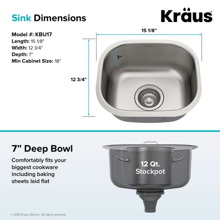 Kraus 15-1/8" Undermount Single Bowl 18 Gauge Stainless Steel Kitchen Sink 6 Kraus 15-1/8" Undermount Single Bowl 18 Gauge Stainless Steel Kitchen Sink - Image 4