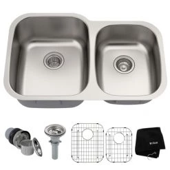 Kraus 32" Double Basin 16 Gauge Stainless Steel Kitchen Sink for Undermount Installations with 60/40 Split - Basin Racks and Basket Strainers Included