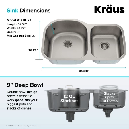 Kraus 34-3/8" Undermount 60/40 Double Bowl 16 Gauge Stainless Steel Kitchen Sink 8 Kraus 34-3/8" Undermount 60/40 Double Bowl 16 Gauge Stainless Steel Kitchen Sink - Image 6