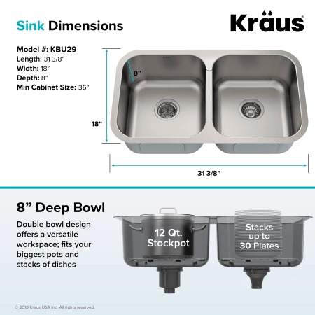 Kraus 31-3/8" Undermount 50/50 Double Bowl 18 Gauge Stainless Steel Kitchen Sink 8 Kraus 31-3/8" Undermount 50/50 Double Bowl 18 Gauge Stainless Steel Kitchen Sink - Image 6