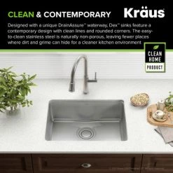Kraus Dex 25" Single Basin 16 Gauge Stainless Steel Kitchen Sink for Undermount Installations with DrainAssure™, VersiDrain™, and NoiseDefend™ -Kraus Sales Shop kd1us25b alt image 3