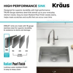 Kraus Dex 25" Single Basin 16 Gauge Stainless Steel Kitchen Sink for Undermount Installations with DrainAssure™, VersiDrain™, and NoiseDefend™ -Kraus Sales Shop kd1us25b alt image 4