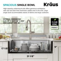 Kraus Dex 33" Single Basin 16 Gauge Stainless Steel Kitchen Sink for Undermount Installations with DrainAssure™, VersiDrain™, and NoiseDefend™ 13 Kraus Dex 33" Single Basin 16 Gauge Stainless Steel Kitchen Sink for Undermount Installations with DrainAssure™, VersiDrain™, and NoiseDefend™ -Kraus Sales Shop kd1us33b alt image 4