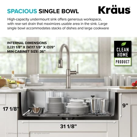 Kraus Dex 33" Single Basin 16 Gauge Stainless Steel Kitchen Sink for Undermount Installations with DrainAssure™, VersiDrain™, and NoiseDefend™ 8 Kraus Dex 33" Single Basin 16 Gauge Stainless Steel Kitchen Sink for Undermount Installations with DrainAssure™, VersiDrain™, and NoiseDefend™ - Image 6