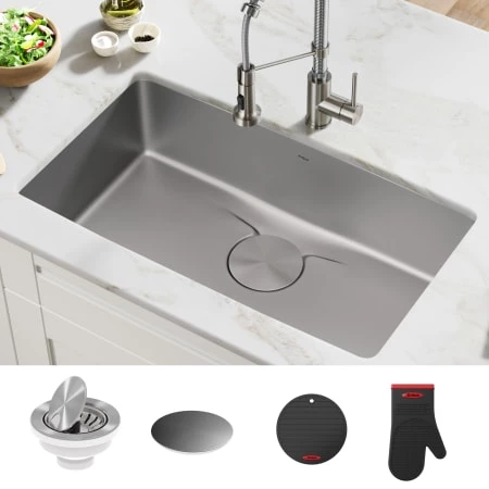 Kraus Dex 33" Single Basin 16 Gauge Stainless Steel Kitchen Sink for Undermount Installations with DrainAssure™, VersiDrain™, and NoiseDefend™ 4 Kraus Dex 33" Single Basin 16 Gauge Stainless Steel Kitchen Sink for Undermount Installations with DrainAssure™, VersiDrain™, and NoiseDefend™ - Image 2