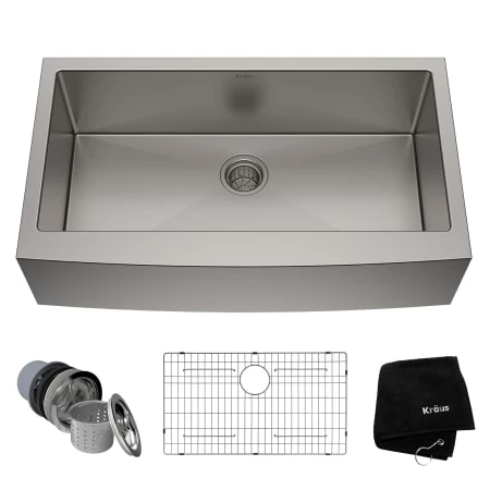 Kraus 35-7/8" Single Basin 16 Gauge Stainless Steel Kitchen Sink for Farmhouse Installations with Apron Front - Basin Rack and Basket Strainer Included 3 Kraus 35-7/8" Single Basin 16 Gauge Stainless Steel Kitchen Sink for Farmhouse Installations with Apron Front - Basin Rack and Basket Strainer Included