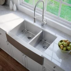 Kraus 32-7/8" Double Basin 16 Gauge Stainless Steel Kitchen Sink for Farmhouse Installations with 60/40 Split - Basin Racks and Basket Strainers Included -Kraus Sales Shop khf203 33 03