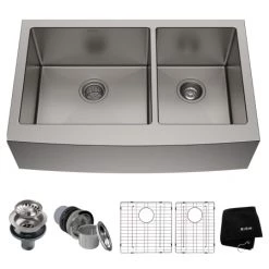 Kraus Sales Shop 4 Kraus 35-7/8" Double Basin 16 Gauge Stainless Steel Kitchen Sink for Farmhouse Installations with 60/40 Split - Basin Racks and Basket Strainers Included