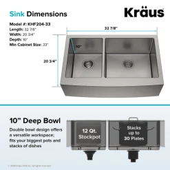 Kraus 32-7/8" Double Basin 16 Gauge Stainless Steel Kitchen Sink for Farmhouse Installations with 40/60 Split - Basin Racks and Basket Strainers Included -Kraus Sales Shop khf204 33 06