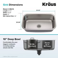 Kraus Premier Kitchen 31-1/2" Undermount Single Basin Stainless Steel Kitchen Sink with Basin Rack, Basket Strainer, and Garbage Dispsoal -Kraus Sales Shop kraus kbu14 100 75mb alternate view 5