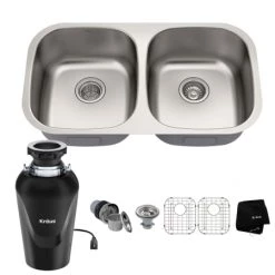 Kraus Premier Kitchen 32-1/4" Undermount Double Basin Stainless Steel Kitchen Sink with Basin Rack, Basket Strainer, and Garbage Dispsoal