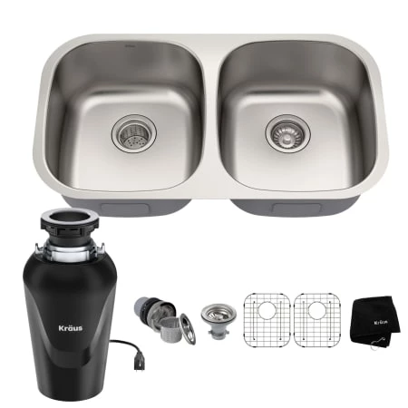 Kraus Premier Kitchen 32-1/4" Undermount Double Basin Stainless Steel Kitchen Sink with Basin Rack, Basket Strainer, and Garbage Dispsoal 3 Kraus Premier Kitchen 32-1/4" Undermount Double Basin Stainless Steel Kitchen Sink with Basin Rack, Basket Strainer, and Garbage Dispsoal