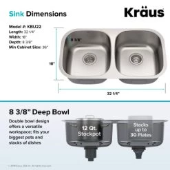 Kraus Premier Kitchen 32-1/4" Undermount Double Basin Stainless Steel Kitchen Sink with Basin Rack, Basket Strainer, and Garbage Dispsoal 12 Kraus Premier Kitchen 32-1/4" Undermount Double Basin Stainless Steel Kitchen Sink with Basin Rack, Basket Strainer, and Garbage Dispsoal -Kraus Sales Shop kraus kbu22 100 75mb alternate view 16