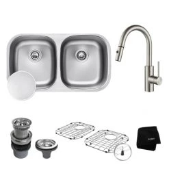 Kraus Kitchen Sink Package: Outlast MicroShield 32-1/4" Scratch Resistant Double Basin Undermount Kitchen Sink and Oletto Pull Down Kitchen Faucet