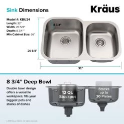 Kraus Premier Kitchen 32" Undermount Double Basin Stainless Steel Kitchen Sink with Basin Rack, Basket Strainer, and Garbage Dispsoal -Kraus Sales Shop kraus kbu24 100 75mb alternate view 27