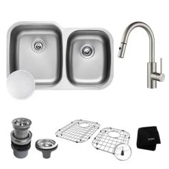 Kraus Kitchen Sink Package: Outlast MicroShield 32" Scratch Resistant Double Basin Undermount Kitchen Sink and Oletto Pull Down Kitchen Faucet