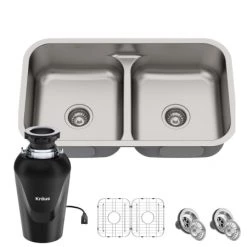 Kraus Premier Kitchen 32-1/4" Undermount Double Basin Stainless Steel Kitchen Sink with Basin Rack, Basket Strainer, and Garbage Dispsoal