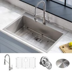 Kraus Sales Shop 6 Kraus Stark 33" Drop In or Undermount Single Basin Stainless Steel Kitchen Sink with Single Hole 1.75 GPM Kitchen Faucet and Basin Rack