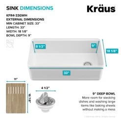 Kraus Turino 33" Farmhouse Single Basin Fireclay Kitchen Sink with Basket Strainer, and Cutting Board -Kraus Sales Shop kraus kfr4 33 alternate view 402