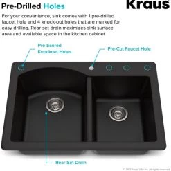 Kraus Forteza™ 33" Composite Granite Kitchen Sink for Undermount or Countertop Installation - Strainers, Oven Mitt, and Trivet Included -Kraus Sales Shop kraus kgd 50 pre drilled holes infographic 18