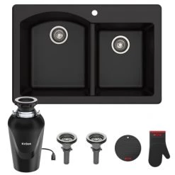 Kraus Forteza 33" Undermount Double Basin Granite Kitchen Sink with Basket Strainer and Garbage Disposal