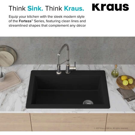 Kraus Forteza™ 33" Composite Granite Kitchen Sink for Undermount or Countertop Installation - Strainer, Oven Mitt, and Trivet Included 5 Kraus Forteza™ 33" Composite Granite Kitchen Sink for Undermount or Countertop Installation - Strainer, Oven Mitt, and Trivet Included - Image 3