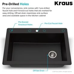 Kraus Forteza™ 33" Composite Granite Kitchen Sink for Undermount or Countertop Installation - Strainer, Oven Mitt, and Trivet Included 13 Kraus Forteza™ 33" Composite Granite Kitchen Sink for Undermount or Countertop Installation - Strainer, Oven Mitt, and Trivet Included -Kraus Sales Shop kraus kgd 54 pre drilled holes infographic 20
