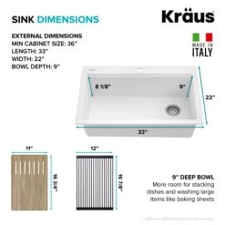 Kraus Bellucci 33" Drop In Single Basin Granite Kitchen Sink with Basket Strainer, Cutting Board, and Garbage Disposal -Kraus Sales Shop kraus kgtw1 33 100 75mb alternate view 81