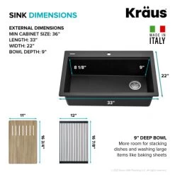 Kraus Bellucci 33" Drop In Single Basin Granite Kitchen Sink with Basket Strainer, Cutting Board, and Garbage Disposal -Kraus Sales Shop kraus kgtw2 33 100 75mb alternate view 92