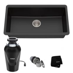 Kraus Quarza 30-1/2" Undermount Single Basin Granite Kitchen Sink with Basket Strainer and Garbage Disposal