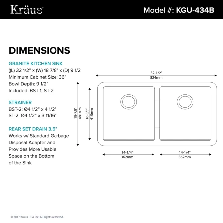 Kraus 32-1/2" Double Basin Undermount Granite Composite Kitchen Sink with 50/50 Split 5 Kraus 32-1/2" Double Basin Undermount Granite Composite Kitchen Sink with 50/50 Split - Image 3