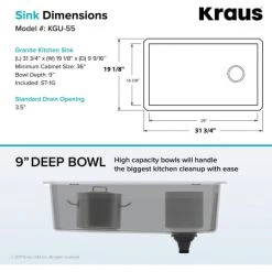 Kraus Forteza™ 31-3/4" Composite Granite Kitchen Sink for Undermount Installation - Strainer, Oven Mitt, and Trivet Included -Kraus Sales Shop kraus kgu 55 dimensions infographic 17